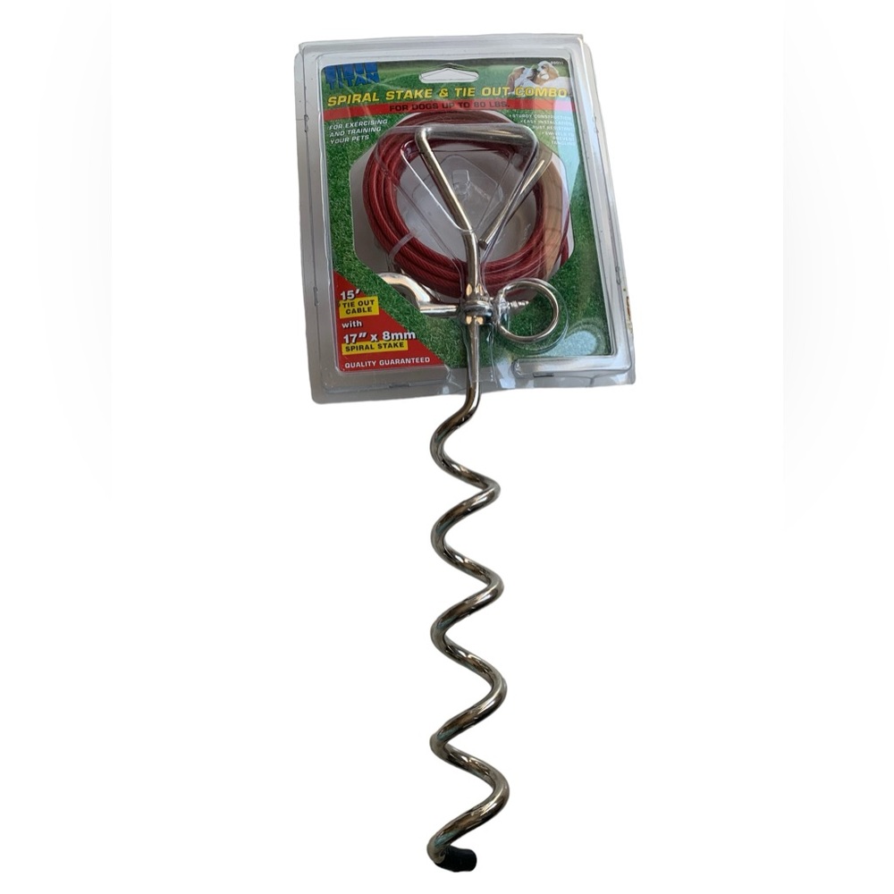 TITAN 15’ Red Tie Out Cable Spiral Stake Dogs up to 80 Pounds Rust Resistant